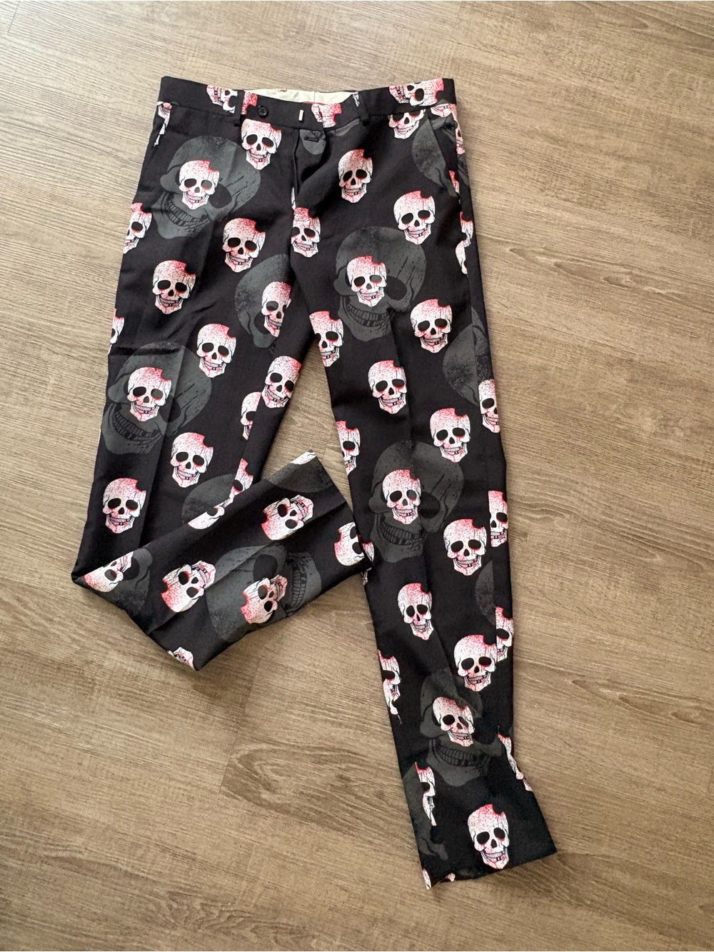 OppoSuits Black Pants with Red & White Skull Print